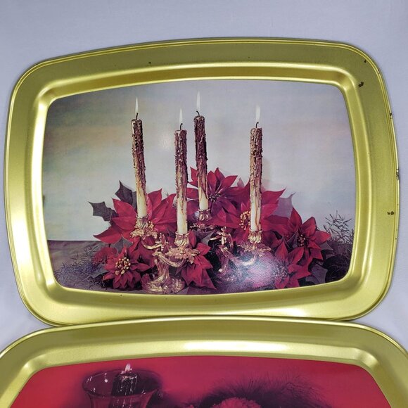 Vintage MCM Christmas Kitsch Tray Candles Poinsettia Flower Gold - Picture 2 of 4